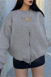 Dark Gray Leopard Print Zipper O Neck Long Sleeve Casual Fall Winter Sweatshirt Tops