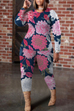 Pastel Green Floral Print O Neck Long Sleeve Blouse And Skinny Pants Casual Two Pieces Trouser Sets