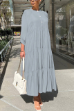 Blue Graphics Print O Neck 3/4 Sleeve Long Loose Vacation Casual Pleated Maxi Dresses