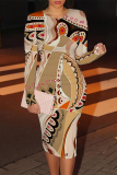 Black Orange Geometric Print O Neck Long Sleeve Casual Outing Bodycon Pencil Midi Dress