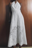 White Backless Sleeveless Draw String Embroidered Vacation Halter Pleated Maxi Dresses