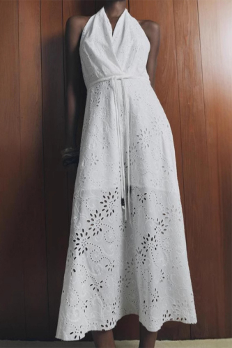 White Backless Sleeveless Draw String Embroidered Vacation Halter Pleated Maxi Dresses
