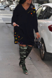 Navy Blue Graphics Print V Neck Long Sleeve Pockets Loose Casual Mini Dresses