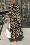 Purple Leopard Print O Neck 3/4 Sleeve Long Loose Vacation Casual Pleated Maxi Dresses