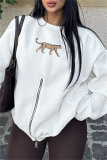 Dark Gray Leopard Print Zipper O Neck Long Sleeve Casual Fall Winter Sweatshirt Tops