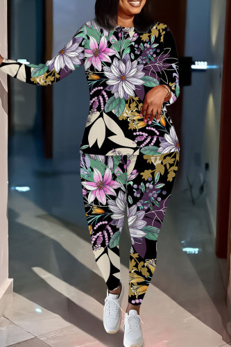 Black Floral Print Long Sleeve O Neck Sweatshirt And Skinny Pant Casual Sportwear Plus Size Two Piece Jogger Set