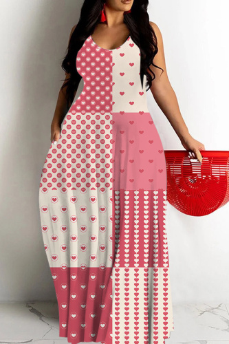Pink Graphics Print Backless Sleeveless Spaghetti Strap Floor Length Vacation Baggy Sundress Slip Maxi Dress