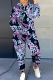 Blue Graphics Print Long Sleeve Hooded Sweatshirt and Skinny Pant Casual Sportwear Plus Size Two Piece Jogger Set