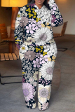 Blue White Floral Print Long Sleeve Hooded Sweatshirt And Pant Casual Sportwear Two Piece Jogger Set