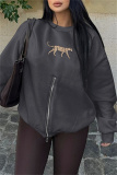 Dark Gray Leopard Print Zipper O Neck Long Sleeve Casual Fall Winter Sweatshirt Tops