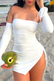 White Backless Off Shoulder Draw String Lace Up Slit Formal Evening Party Prom Bodycon Mini Dresses