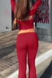 Red Long Sleeve Crop Tops And Cami Crop Tops And Flare Leg Pants Casual Three Piece Set Trouser Sets