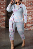 Green Graphics Print O Neck Long Sleeve Blouse And Skinny Pants Casual Two Pieces Trouser Sets