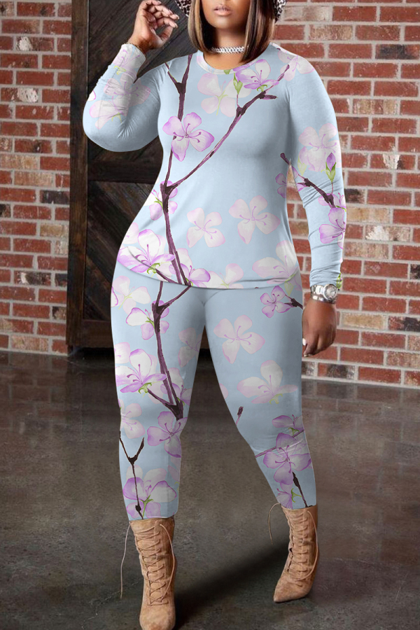 Green Graphics Print O Neck Long Sleeve Blouse And Skinny Pants Casual Two Pieces Trouser Sets