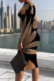 Black Orange Geometric Print O Neck Long Sleeve Casual Outing Bodycon Pencil Midi Dress