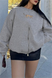 Dark Gray Leopard Print Zipper O Neck Long Sleeve Casual Fall Winter Sweatshirt Tops