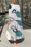 Pink Graphics Print O Neck 3/4 Sleeve Long Loose Vacation Casual Pleated Maxi Dresses