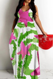 White Green Graphics Print Backless Sleeveless Spaghetti Strap Floor Length Vacation Baggy Sundress Slip Maxi Dress