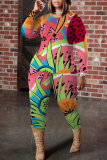 Pastel Green Floral Print O Neck Long Sleeve Blouse And Skinny Pants Casual Two Pieces Trouser Sets