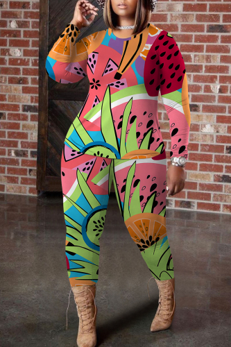 Pastel Green Floral Print O Neck Long Sleeve Blouse And Skinny Pants Casual Two Pieces Trouser Sets