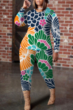 Pastel Green Floral Print O Neck Long Sleeve Blouse And Skinny Pants Casual Two Pieces Trouser Sets