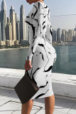 Black White Geometric Print O Neck Long Sleeve Casual Outing Bodycon Pencil Midi Dress