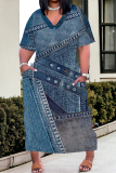 Blue Red Faux Denim Print V Neck Long Sleeve Straight Casual Outing Loose Plus Size Maxi Dress