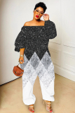 Light Red Graphics  Print Off Shoulder Long Sleeve Casual Vacation Harem Leg Jumpsuits