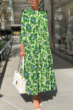 Purple Leopard Print O Neck 3/4 Sleeve Long Loose Vacation Casual Pleated Maxi Dresses
