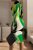 Black White Geometric Print O Neck Long Sleeve Casual Outing Bodycon Pencil Midi Dress