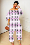 White Red Love Print Off Shoulder Long Sleeve Casual Vacation Harem Leg Jumpsuits