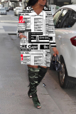 White Blue Newspaper Print V Neck Long Sleeve Pockets Loose Casual Mini Dresses