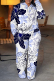 Blue White Floral Print Long Sleeve Hooded Sweatshirt And Pant Casual Sportwear Two Piece Jogger Set