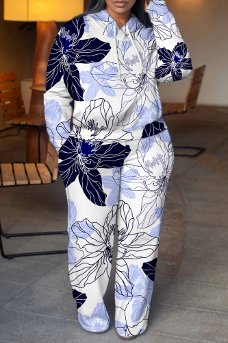 Blue White Floral Print Long Sleeve Hooded Sweatshirt And Pant Casual Sportwear Two Piece Jogger Set