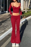 Red Long Sleeve Crop Tops And Cami Crop Tops And Flare Leg Pants Casual Three Piece Set Trouser Sets