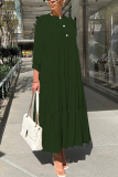 Blue Graphics Print O Neck 3/4 Sleeve Long Loose Vacation Casual Pleated Maxi Dresses