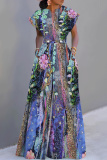Light Purple Vacation Casual Colorblock Abstract Print V Neck Short Sleeve Wide Leg Jumpsuits