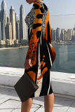 Black Orange Geometric Print O Neck Long Sleeve Casual Outing Bodycon Pencil Midi Dress