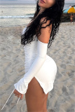 White Backless Off Shoulder Draw String Lace Up Slit Formal Evening Party Prom Bodycon Mini Dresses