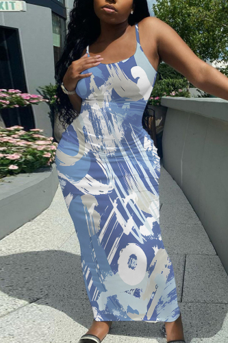 Multicolor Graphic Print Sleeveless Backless Spaghetti Strap Summer Outings Vacation Bodycon Maxi Slip Dress