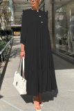 Blue Graphics Print O Neck 3/4 Sleeve Long Loose Vacation Casual Pleated Maxi Dresses