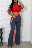 Blue Colorblack Print Zipper Collar Short Sleeve Draw String Crop Tops And Wide Leg Pants Sportwear Casual Two Pieces Jogger Sets
