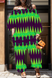 Navy Blue African Graphcis Print Off Shoulder Long Sleeve Casual Vacation Harem Leg Jumpsuits