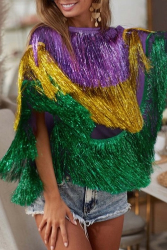 Multicolor Cape Sleeves O Neck Fringed Trim Party Poncho Metallic Top