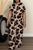 Grey Graphics Print O Neck Short Sleeve Oversize T-shirt And Wide Leg Pants Two Pieces Trouser Set
