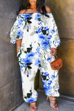 Light Purple Floral Print Off Shoulder Long Sleeve Casual Vacation Harem Leg Jumpsuits