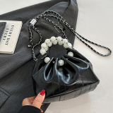 Pearls Decor Small Chanel Style Handbag Chain Crossbody Pleated Bucket Bag