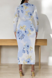 White Floral Print O Neckt Long Sleeve Casual Vacation Bodycon Midi Dress