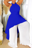 Black White Casual Backless Irregular Sleeveless Ruched Halter Tops And Pleated Wide Leg Pants Two Pieces Trouser Sets