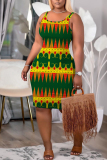 Navy Blue African Map Print Sleeveless U Neck Casual Outing Plus Size Bodycon Midi Slip Dresses